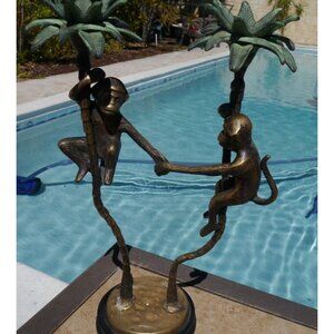 Large Solid Brass Monkeys Climbing Palm Trees Double Candle Holder 13.75" Tall